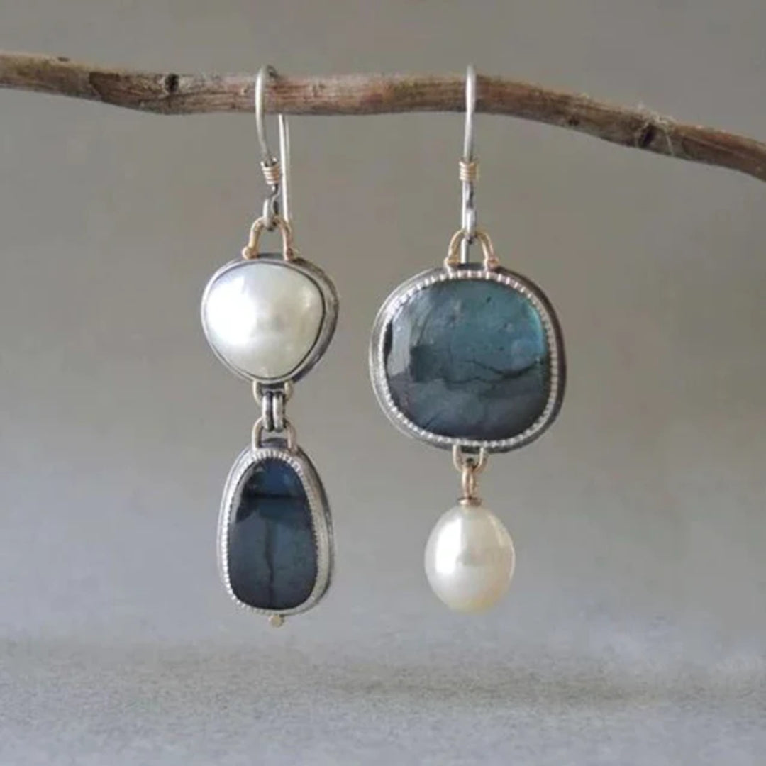 Liora | Vintage Blue Stone Earrings with Beaded Charm