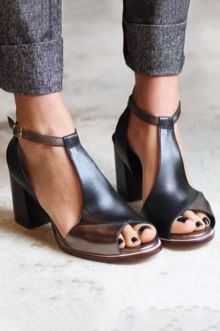 Erin | Patchwork Block Heels with Peep-Toe Design