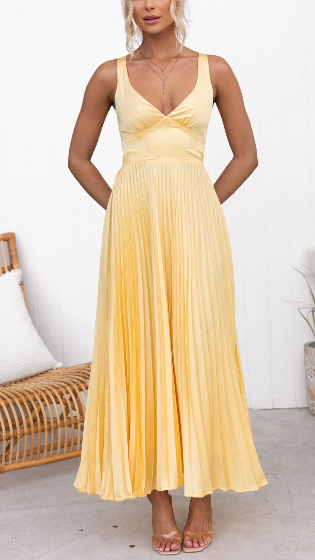 Liora | Pleated Maxi Dress with Crossback Straps