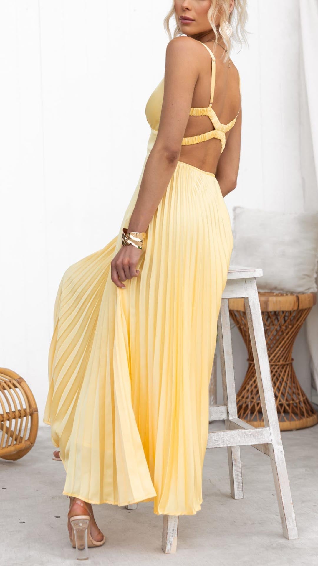 Liora | Pleated Maxi Dress with Crossback Straps