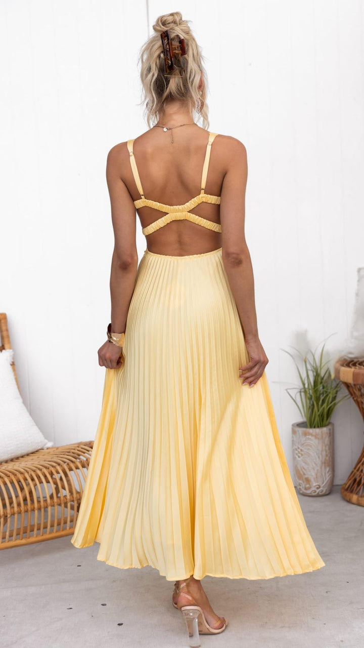 Liora | Pleated Maxi Dress with Crossback Straps