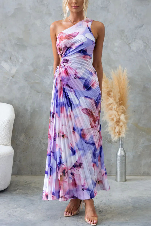 Deja | Floral One-Shoulder Pleated Maxi Dress