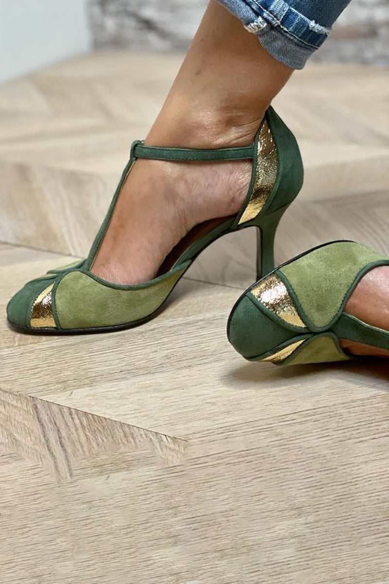 Bridget | Bold Heeled Sandals with Patchwork Design