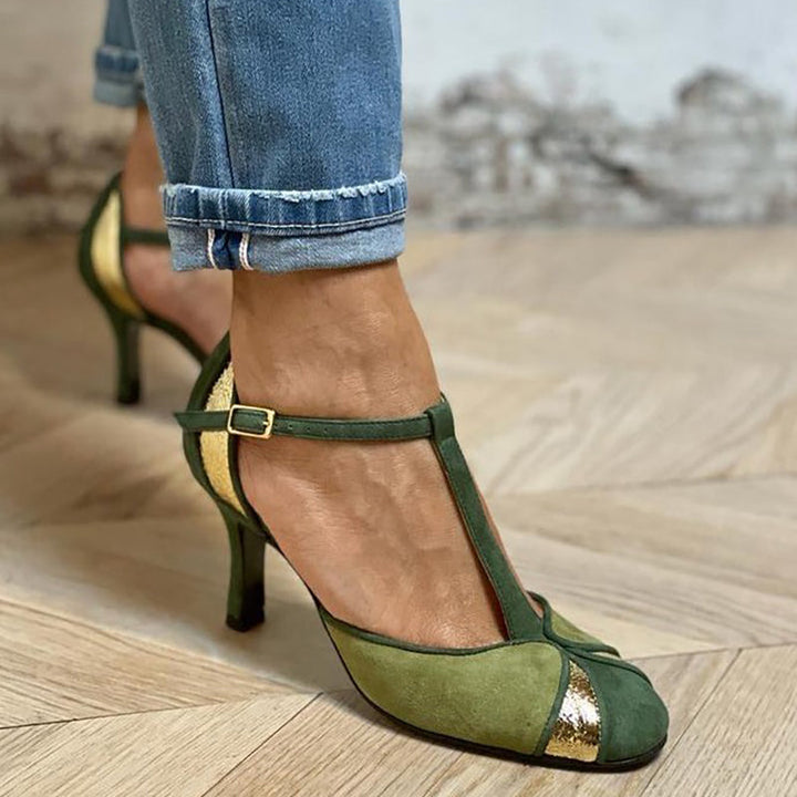 Bridget | Bold Heeled Sandals with Patchwork Design
