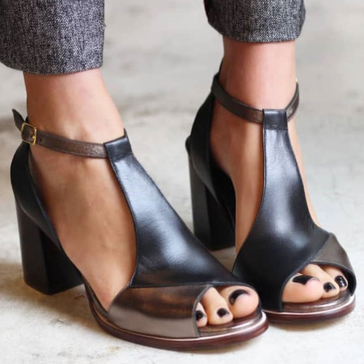 Erin | Patchwork Block Heels with Peep-Toe Design